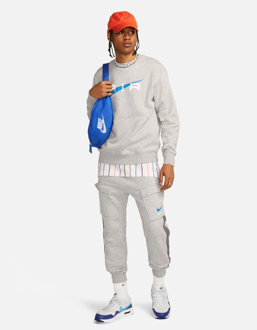 Nike Mens Sportswear Air Fleece BB Crewneck Full Tracksuit Set in Grey