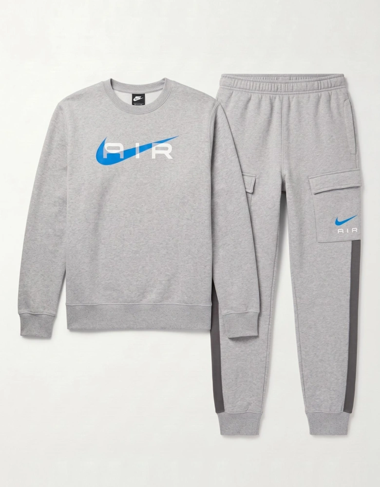 Nike Mens Sportswear Air Fleece BB Crewneck Full Tracksuit Set in Grey