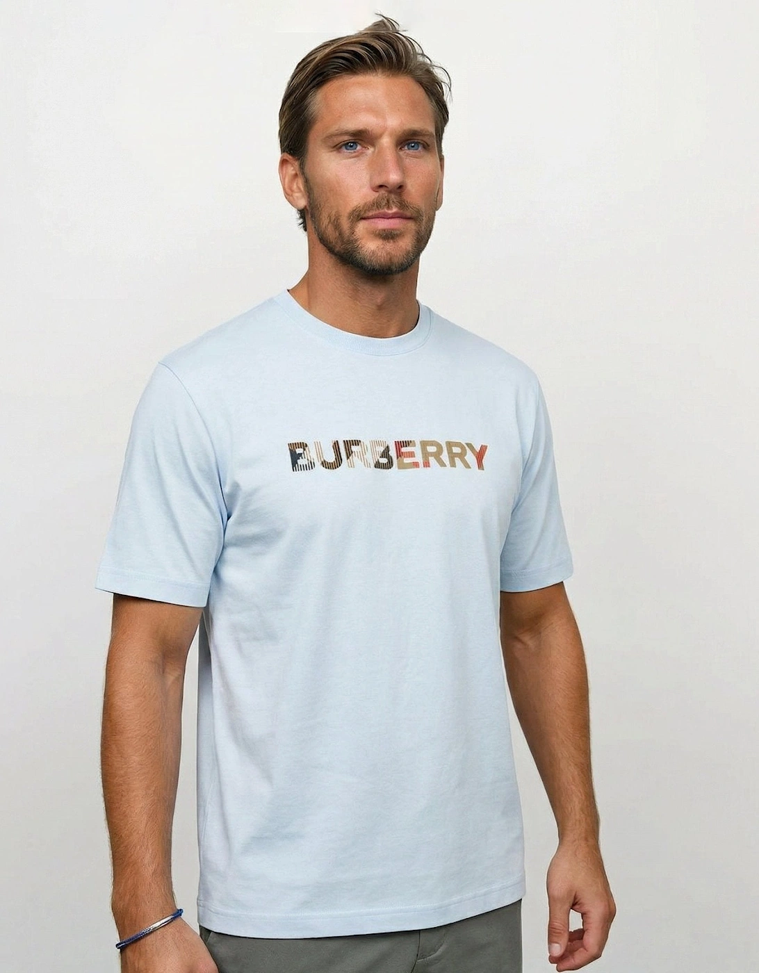 Burberry Check Logo Embroidered T-Shirt Light Blue