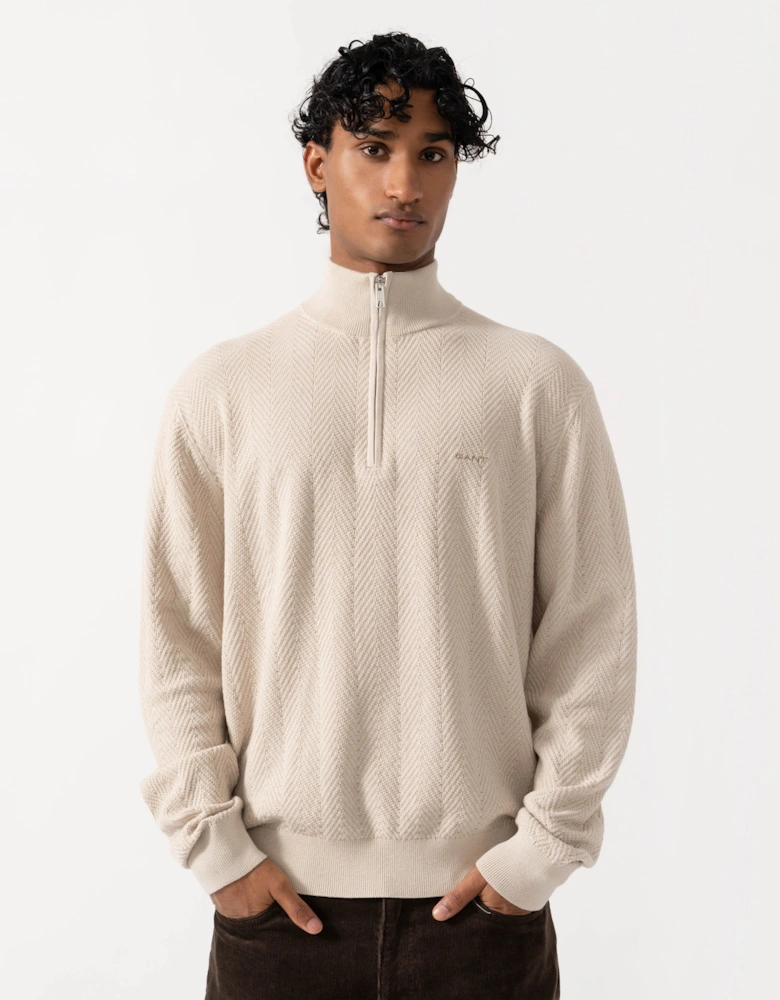 GANT Mens Herringbone Texture Half Zip Sweater - 215 Clay Beige