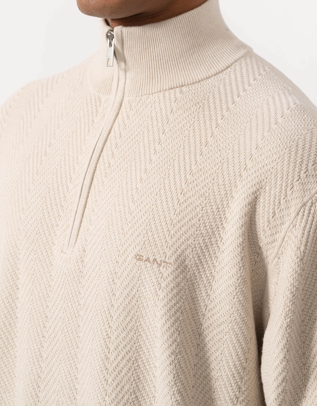 GANT Mens Herringbone Texture Half Zip Sweater - 215 Clay Beige
