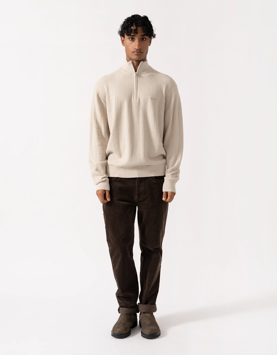 GANT Mens Herringbone Texture Half Zip Sweater - 215 Clay Beige