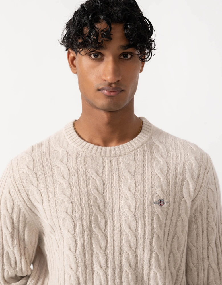 GANT Mens Lambswool Cable Crew Neck Sweater - 215 Clay Beige