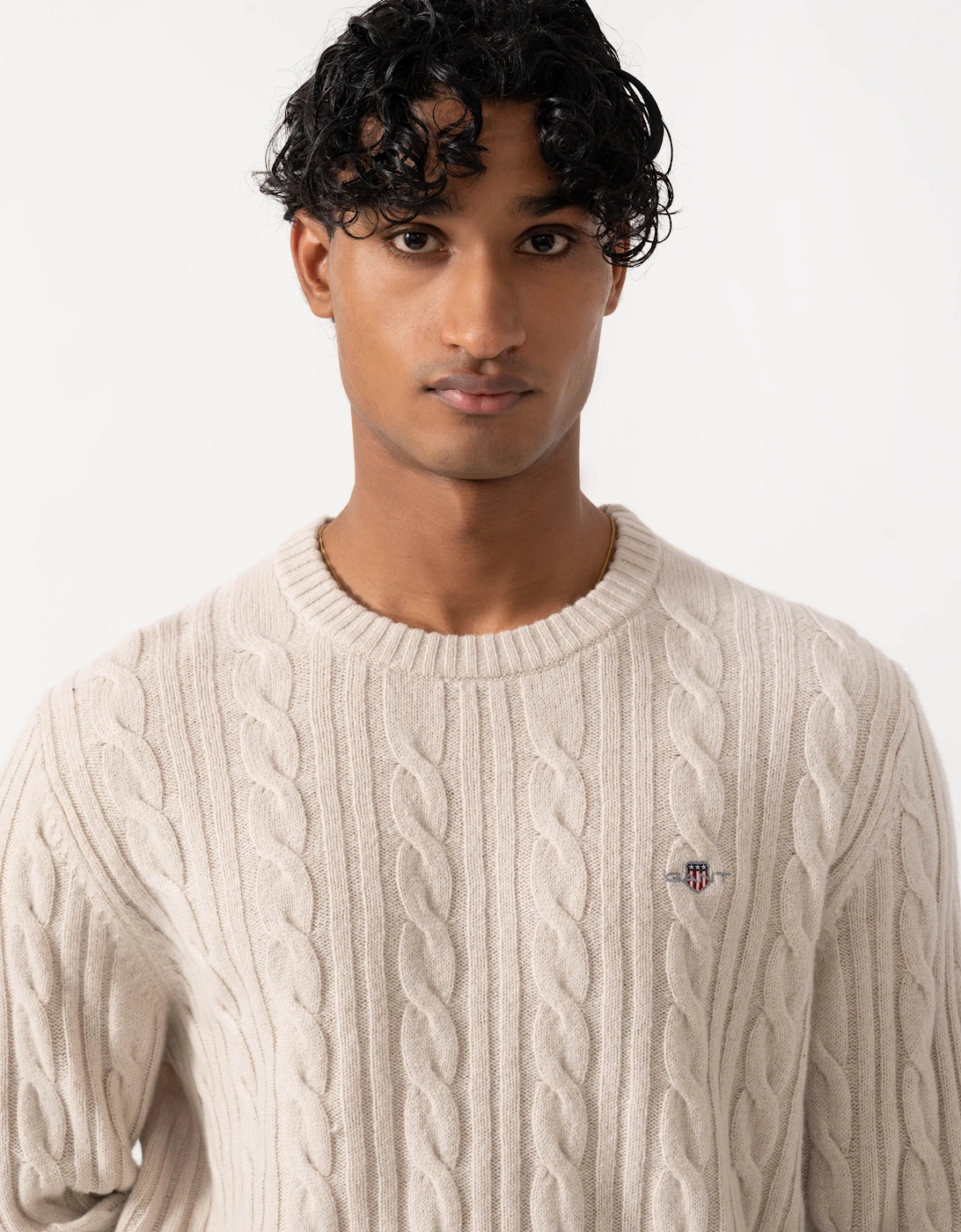GANT Mens Lambswool Cable Crew Neck Sweater - 215 Clay Beige