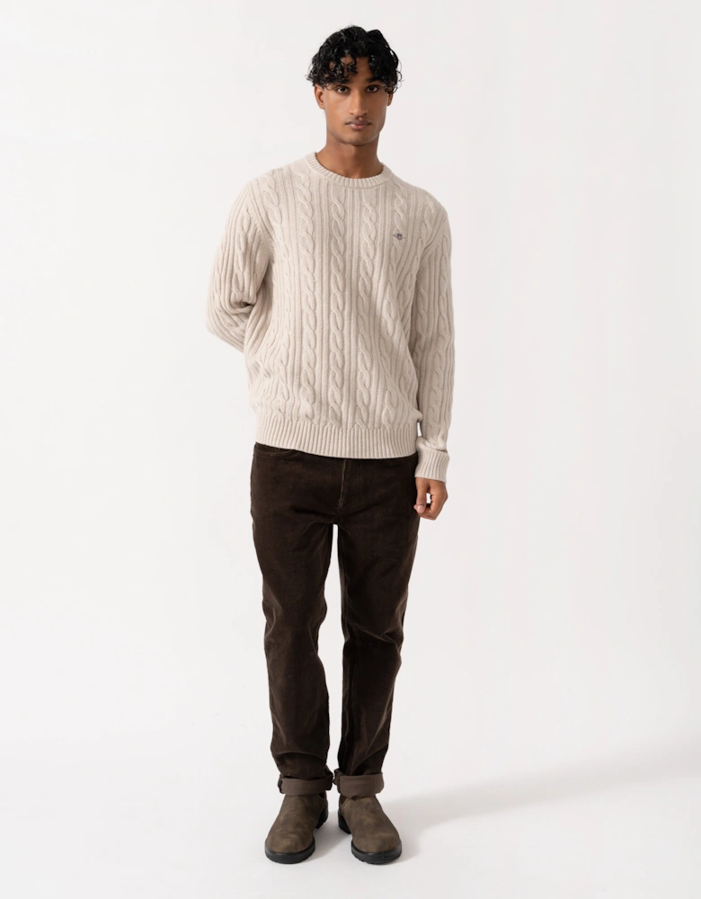 GANT Mens Lambswool Cable Crew Neck Sweater - 215 Clay Beige