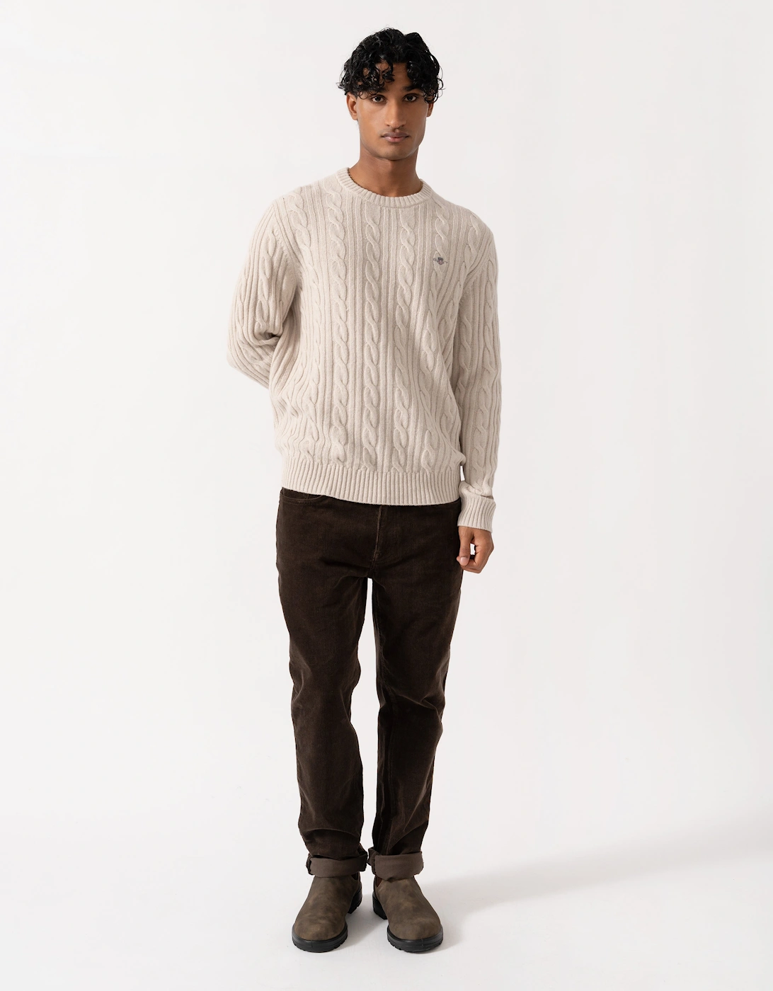 GANT Mens Lambswool Cable Crew Neck Sweater - 215 Clay Beige