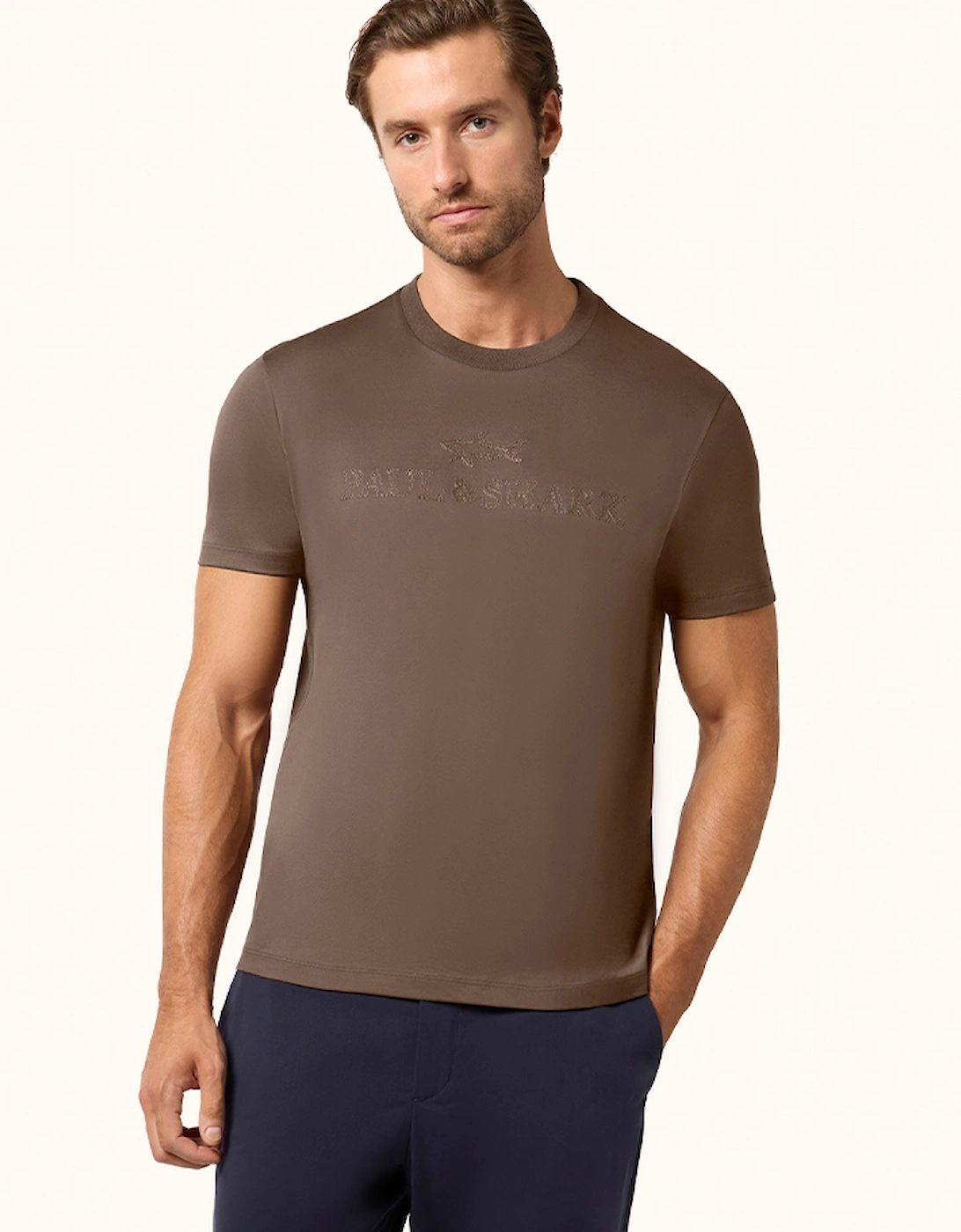 Men's Paul & Shark Aqua Touch Cotton T-Shirt with Logo Embroidery - Brown - Size: 40