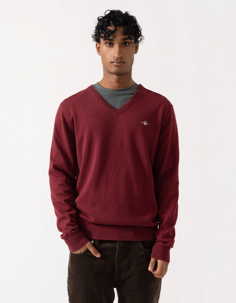 GANT Mens Classic Cotton Shield Logo V-Neck Jumper - 676 Deep Grape Wine