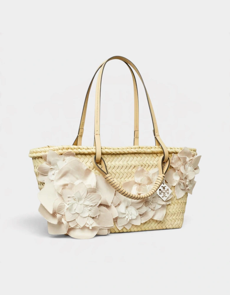 Small Floral Decorated Straw Tote Bag Natural Beige