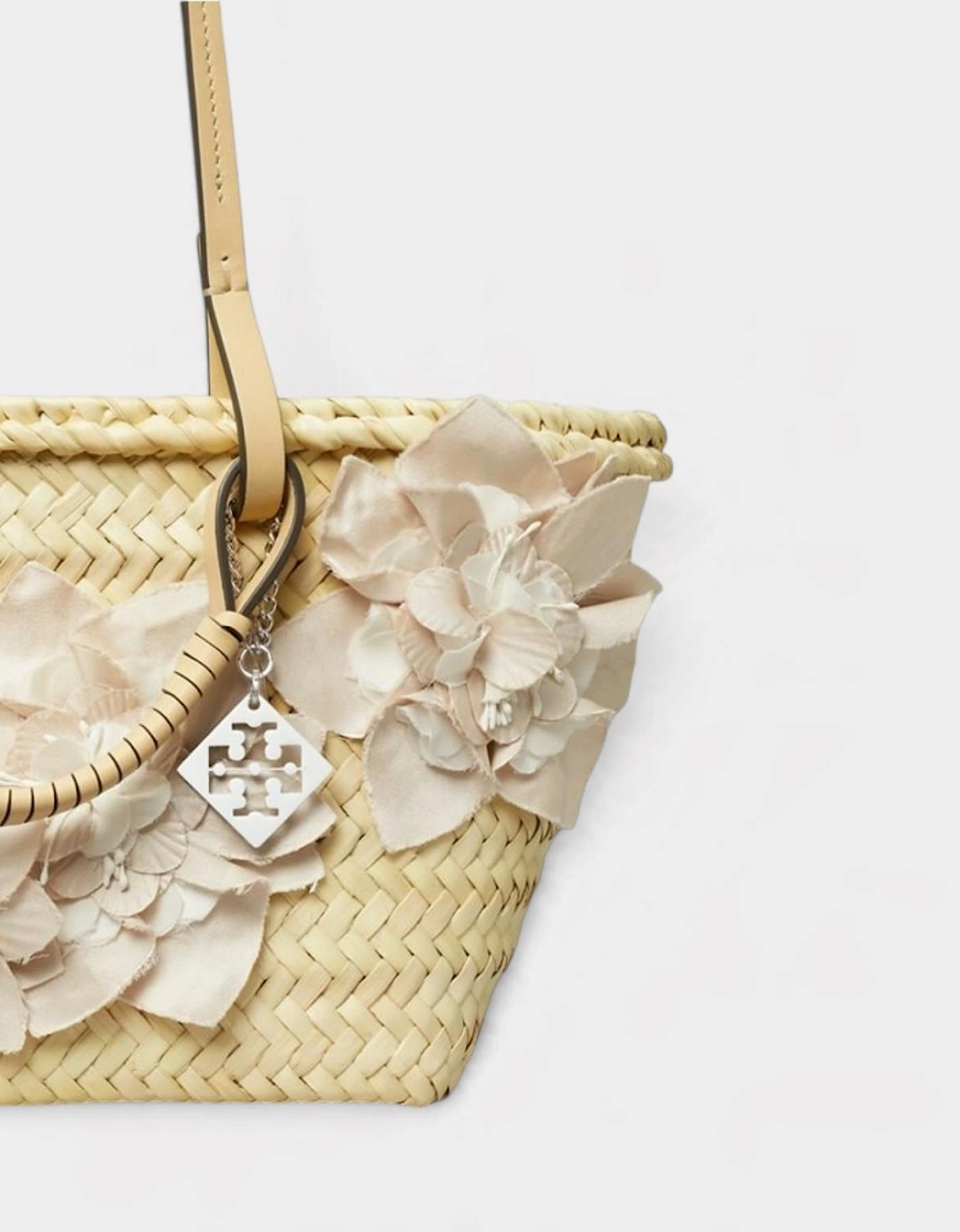 Small Floral Decorated Straw Tote Bag Natural Beige