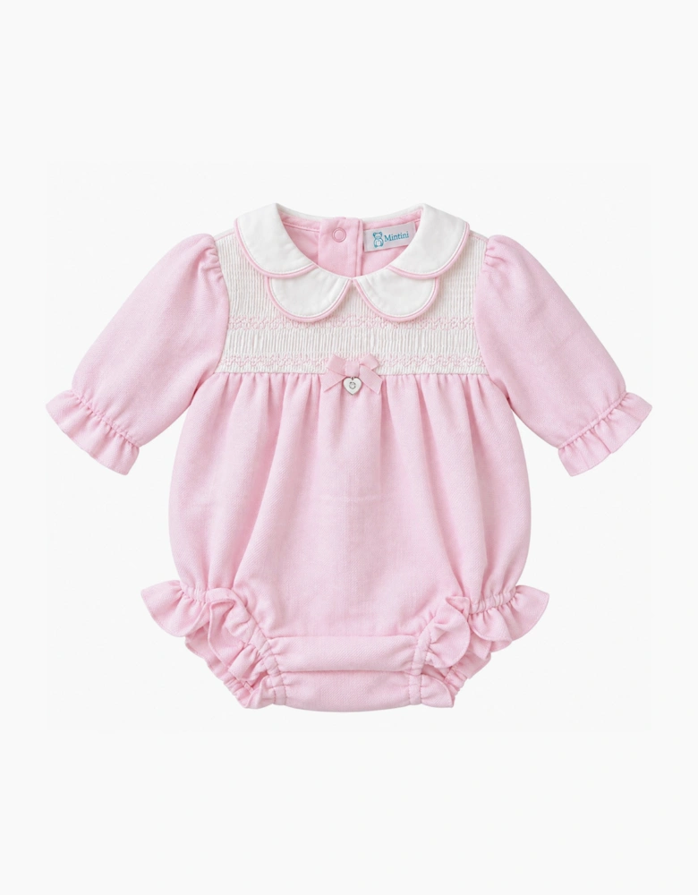 Girls Pale Pink Woven Smock Romper