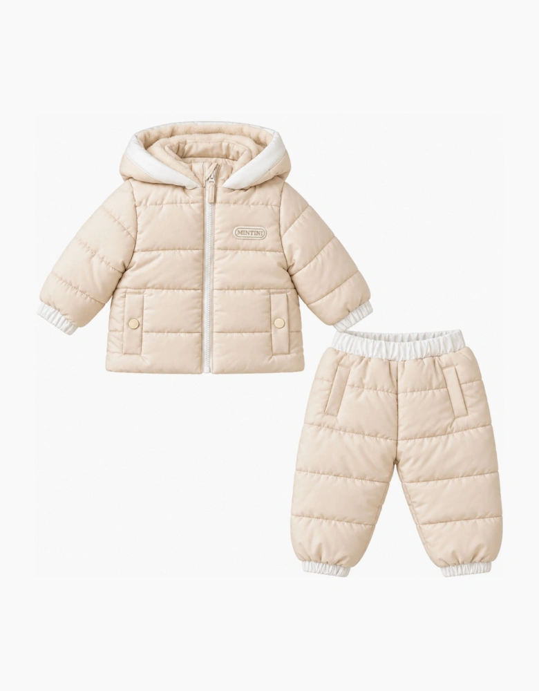 Boys Beige Puffer Coat and Trouser Set
