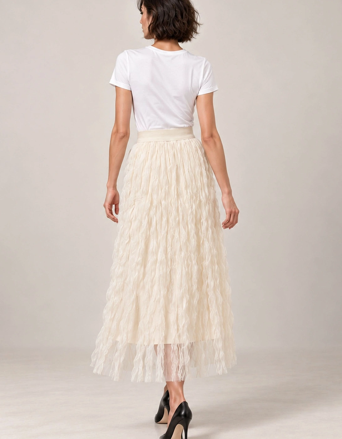 Cream Ruffle Tulle Midi Skirt