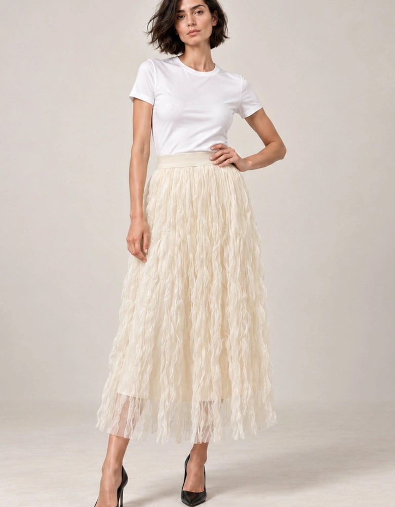 Cream Ruffle Tulle Midi Skirt