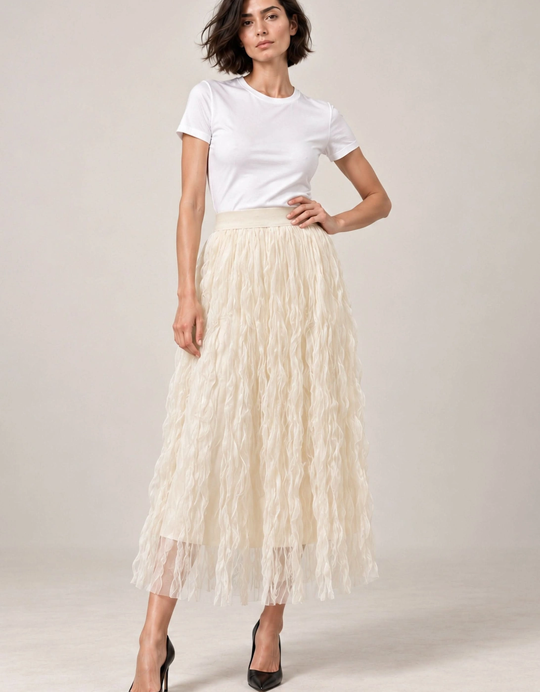 Cream Ruffle Tulle Midi Skirt