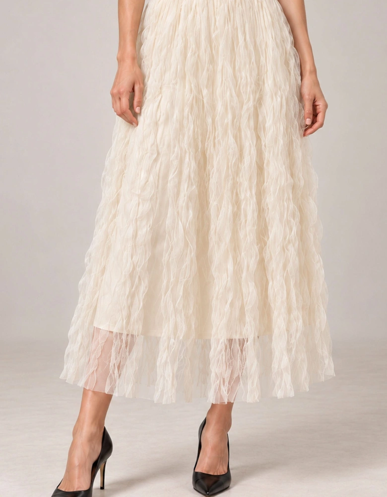 Cream Ruffle Tulle Midi Skirt