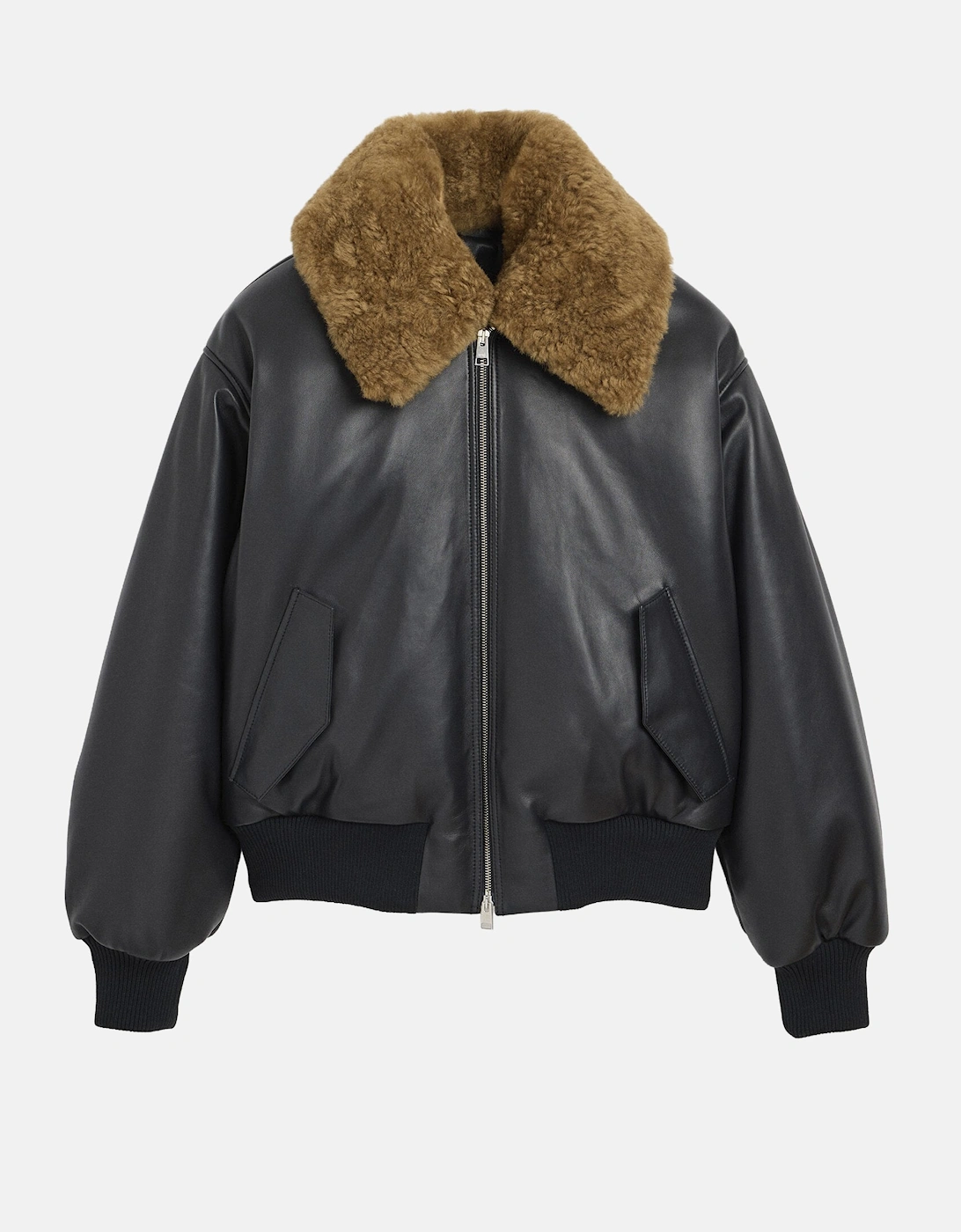 Leather Shearling Collar Jacket Black