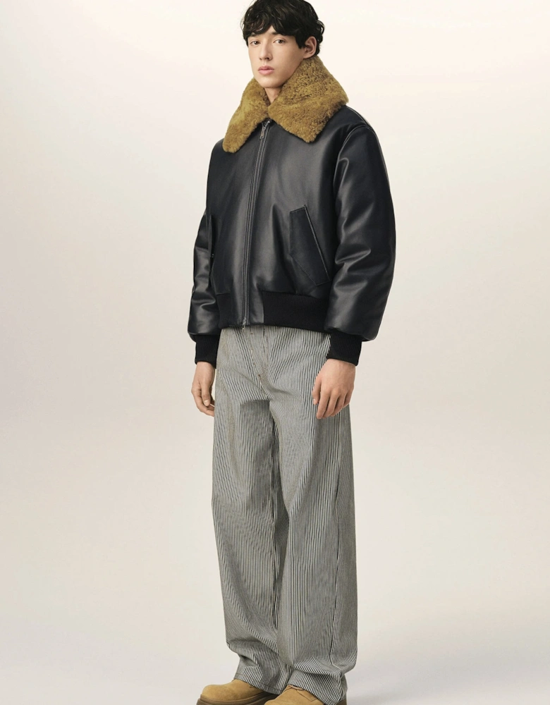 Leather Shearling Collar Jacket Black