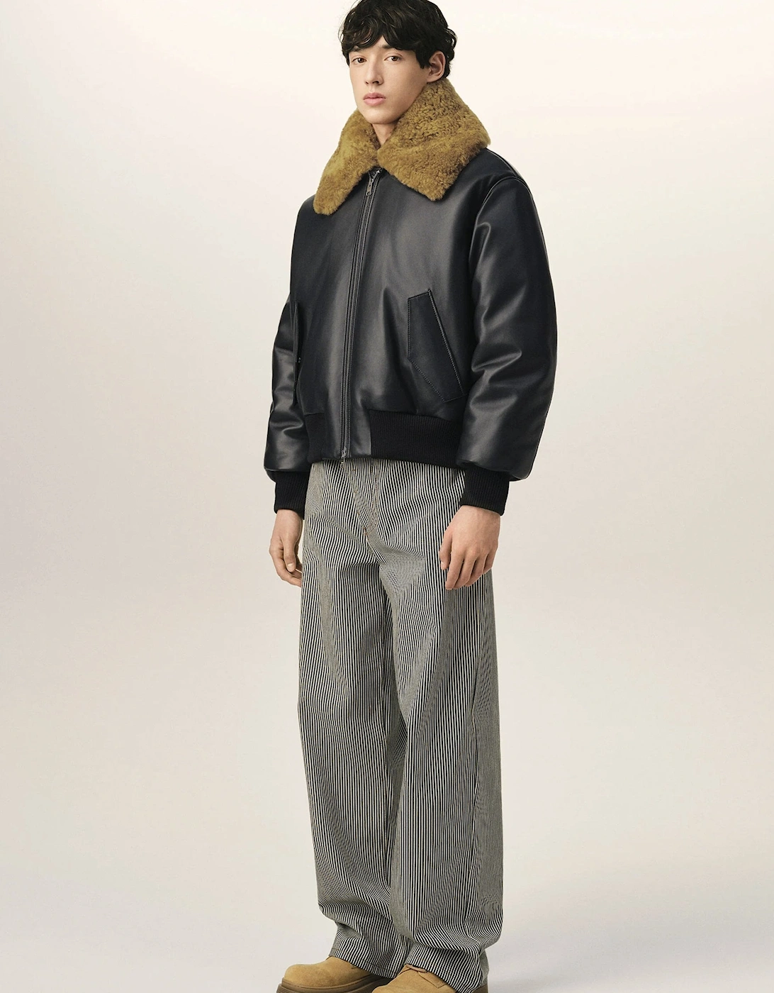 Leather Shearling Collar Jacket Black