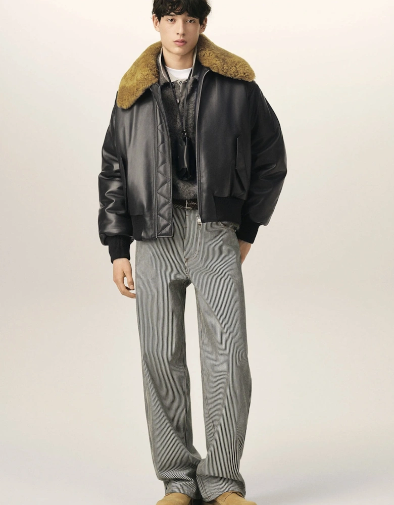Leather Shearling Collar Jacket Black