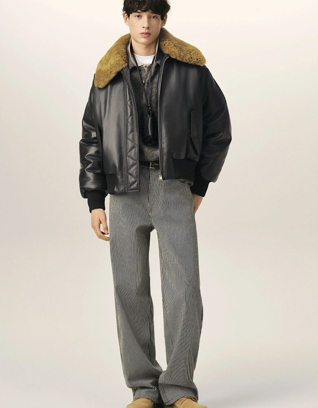 Leather Shearling Collar Jacket Black