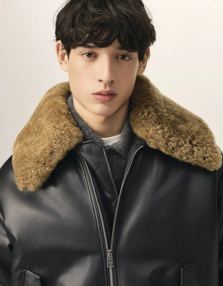 Leather Shearling Collar Jacket Black