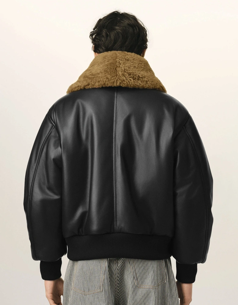 Leather Shearling Collar Jacket Black