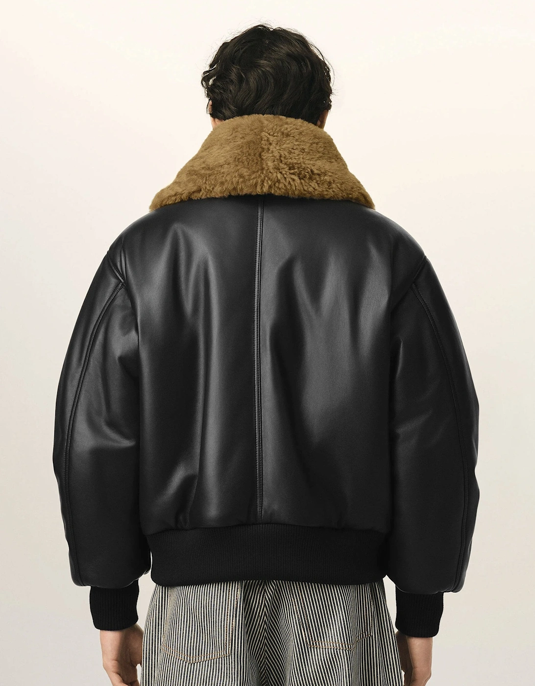 Leather Shearling Collar Jacket Black