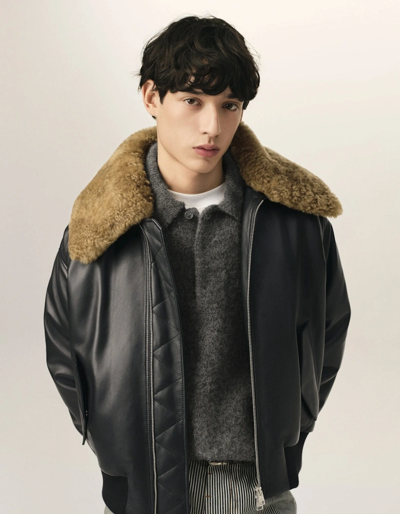 Leather Shearling Collar Jacket Black