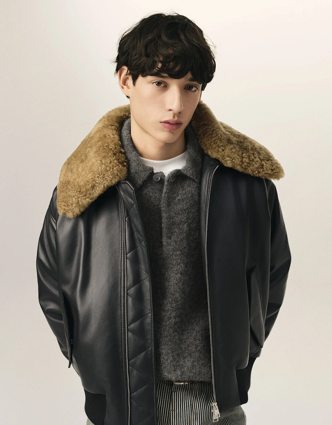 Leather Shearling Collar Jacket Black