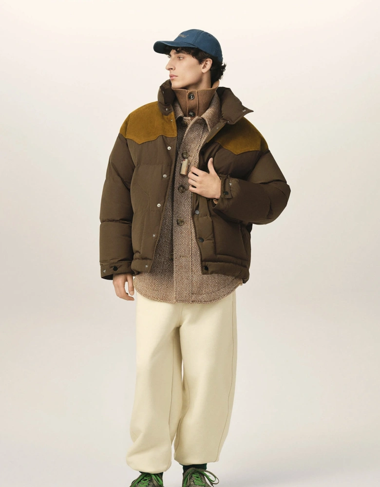 Down Jacket With Leather Yoke Brown