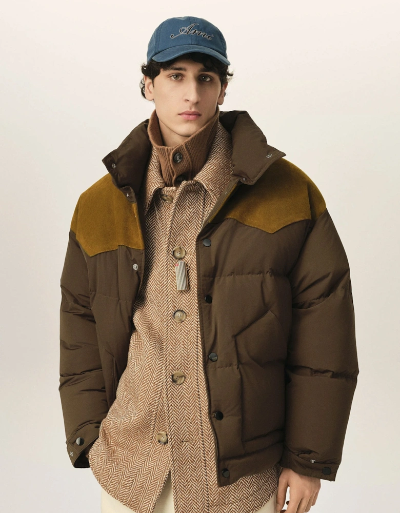 Down Jacket With Leather Yoke Brown