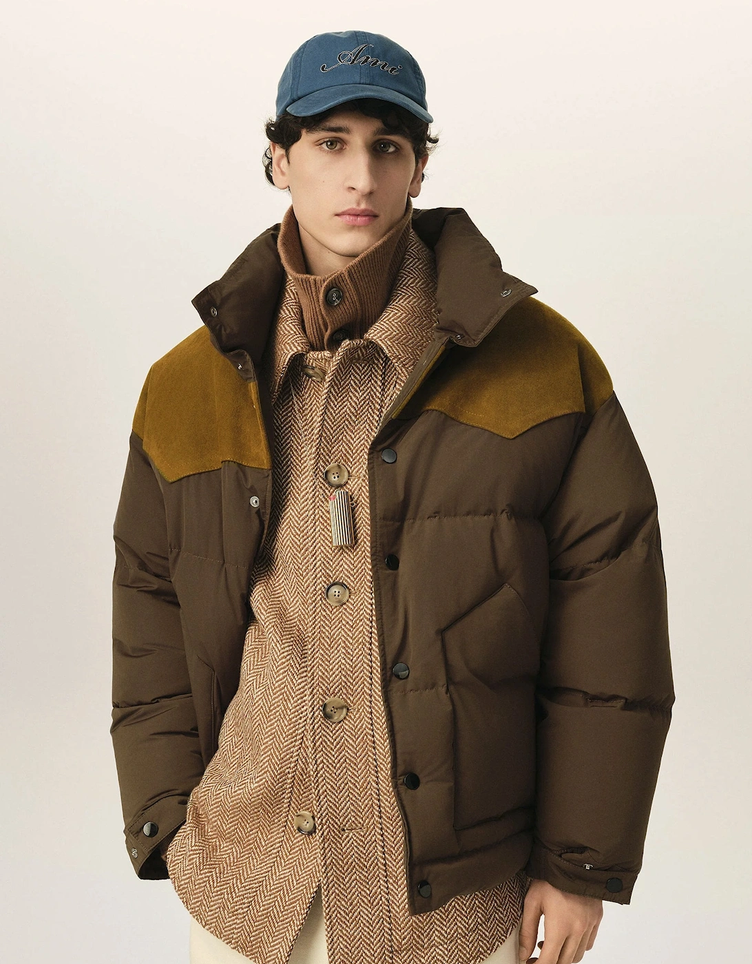 Down Jacket With Leather Yoke Brown