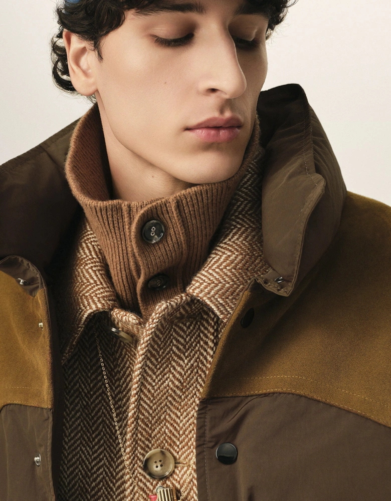 Down Jacket With Leather Yoke Brown