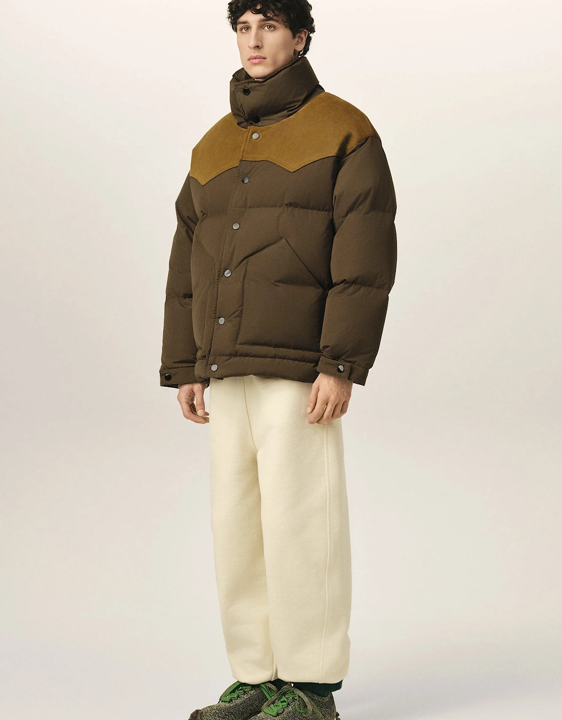 Down Jacket With Leather Yoke Brown