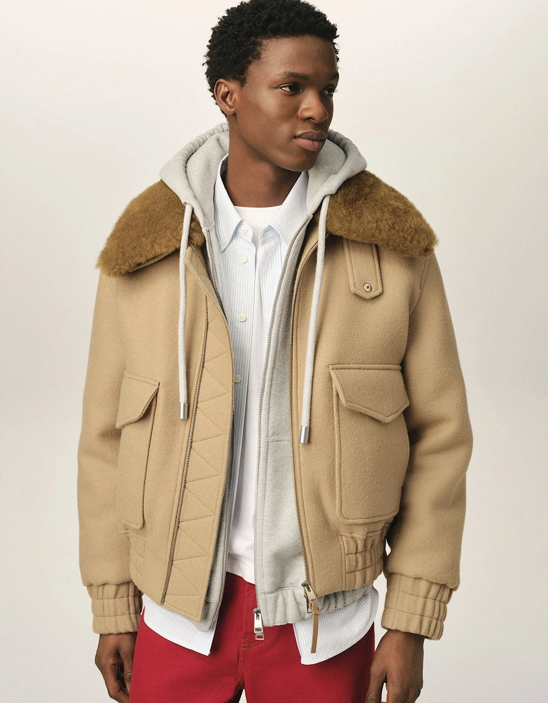 Wool Sherling Collar Jacket Beige