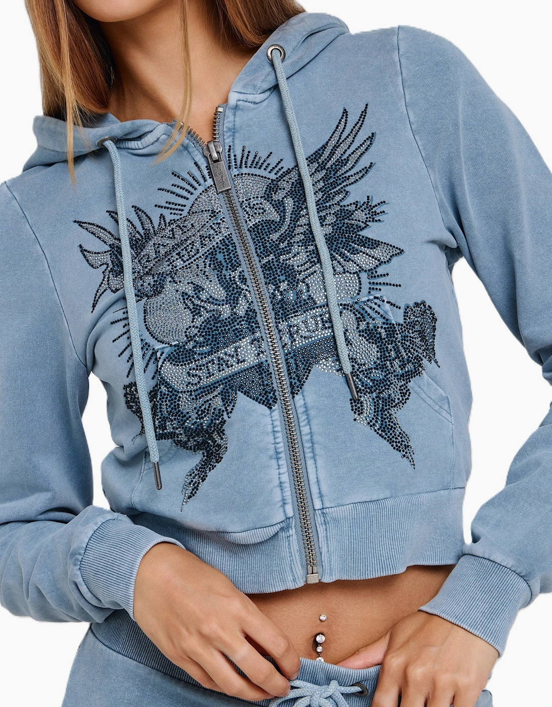 Ed Hardy Stay True Fitted Cropped Zip Women's Blue Hoodie