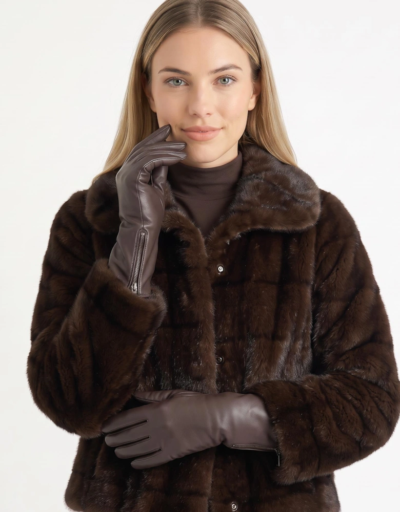 Brown Ladies Faux Leather Side Zip Gloves
