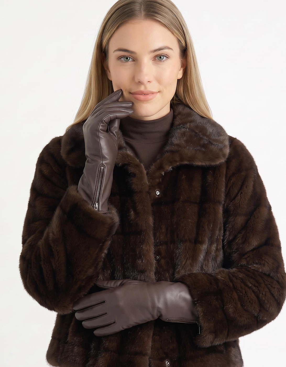 Brown Ladies Faux Leather Side Zip Gloves