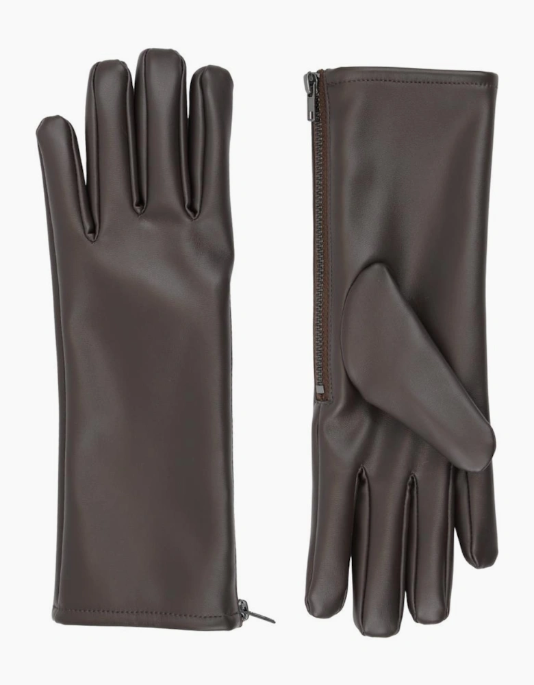 Brown Ladies Faux Leather Side Zip Gloves