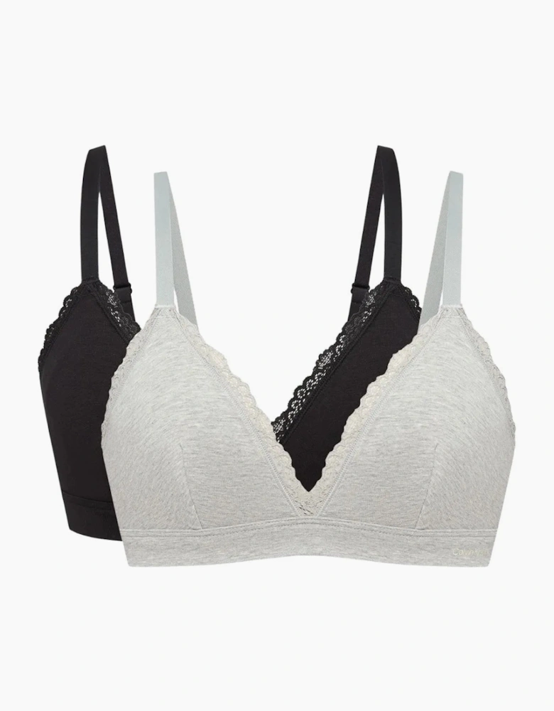 2-Pack Modern Cotton Lace Triangle Bras, Black / Grey Heather