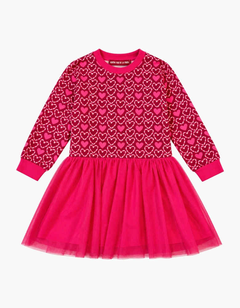 Girls Pink Heart Tulle Sweatshirt Dress