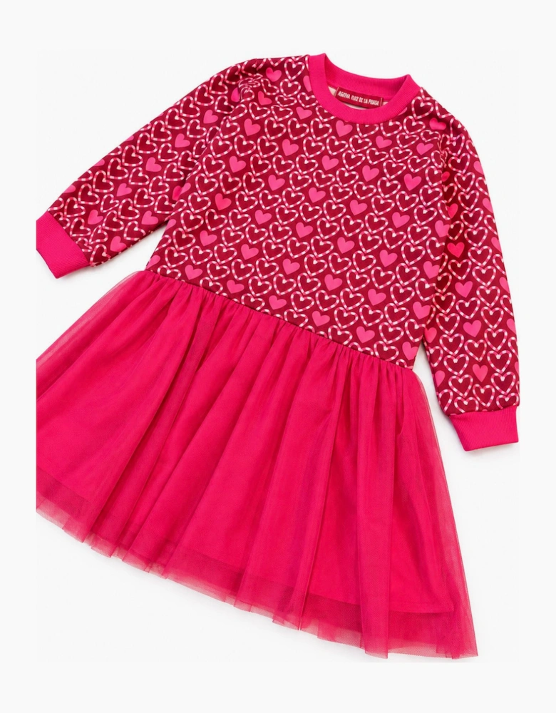 Girls Pink Heart Tulle Sweatshirt Dress