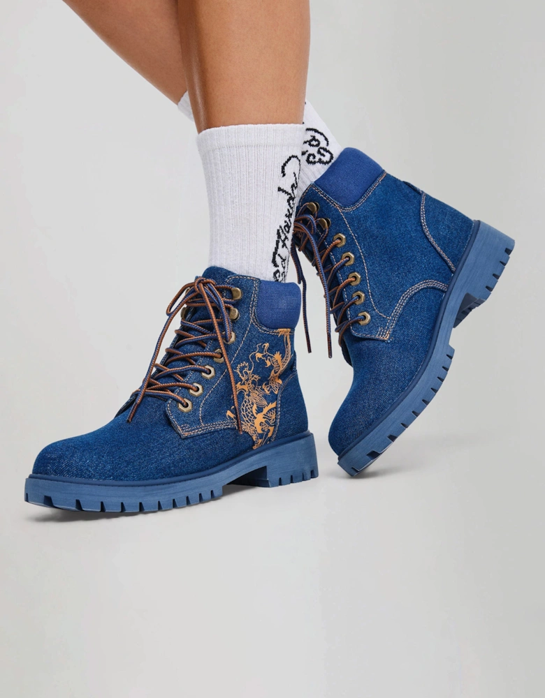 Ed Hardy Dancing Dragon Denim Women's Indigo Boots