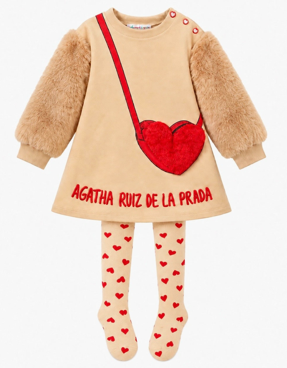 Girls Beige Fluffy Sleeve Jersey Dress with Tights