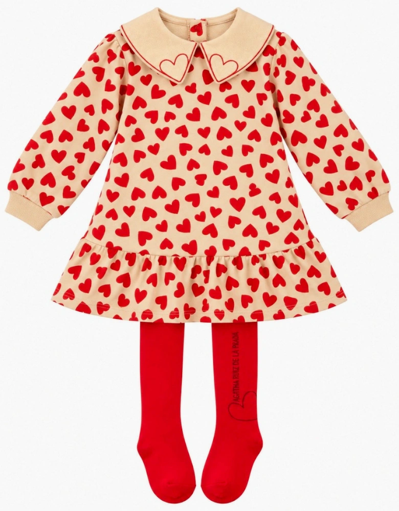 Girls Beige and Red Jersey Dress with Tights