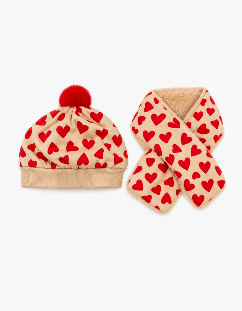 Girls Beige and Red Hat and Scarf
