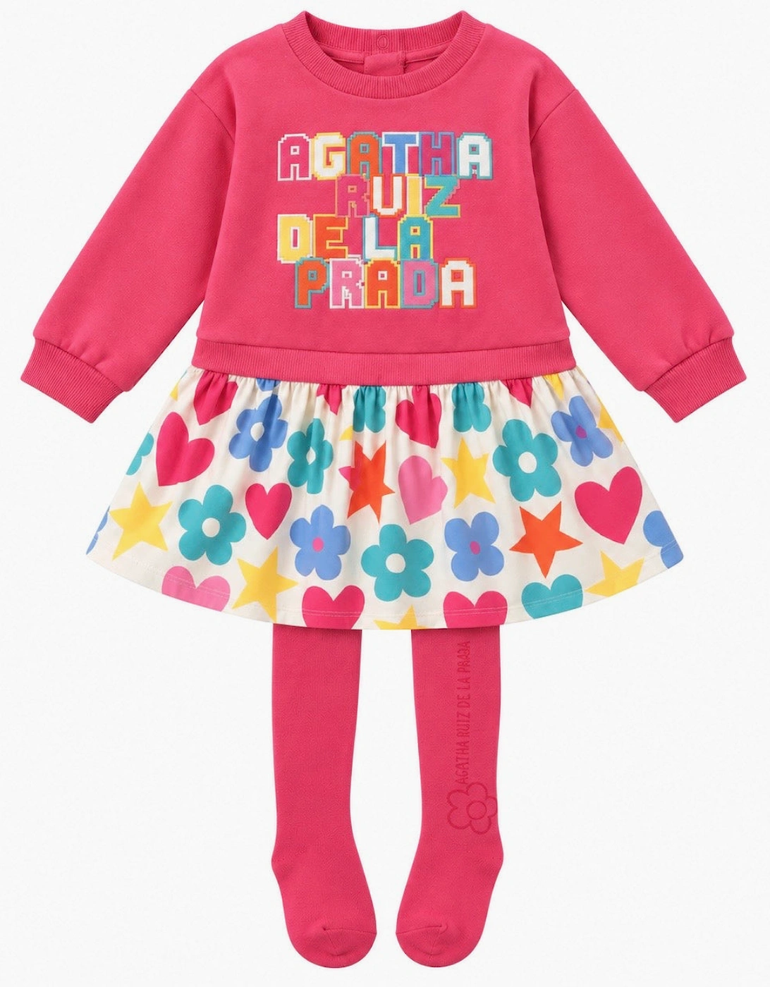 Girls Pink Multicoloured Jersey Dress with Tights