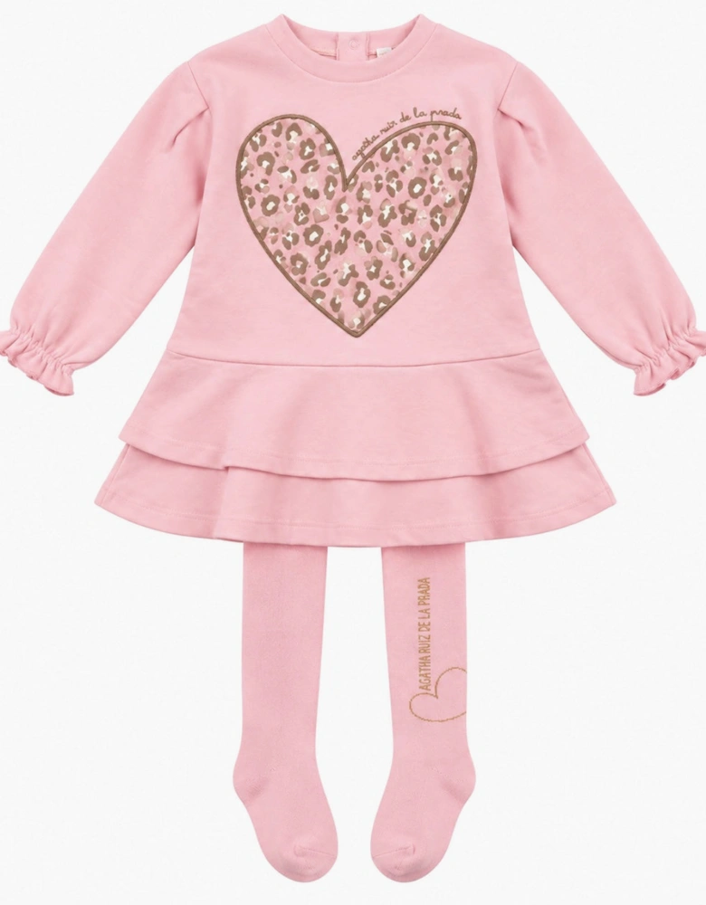 Girls Pale Pink Pink Heart Jersey Dress with Tights