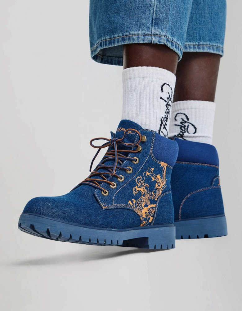Ed Hardy Dancing Dragon Denim Men's Indigo Boots